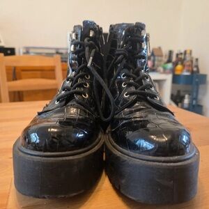 Topshop Shiny Black Croc-Embossed Moto Boots